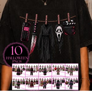 May include: A black t-shirt featuring a graphic print of a clothesline with five hanging items: a vintage cell phone, a bloody knife, a black hooded robe, a white ghost mask, and a film clapperboard. A circular badge reads 10 HALLOWEEN PNGS.