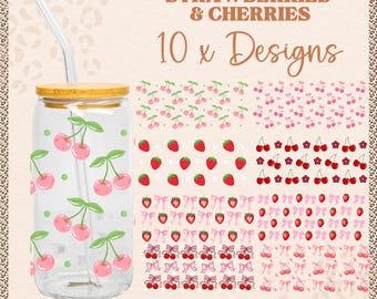 May include: A clear glass tumbler with a bamboo lid and a glass straw, decorated with pink cherries and green leaves. The image also shows 10 digital designs with strawberries, cherries, and bows. The text reads "STRAWBERRIES & CHERRIES 10 x Designs".