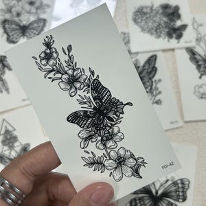Butterfly and Flower Temporary Tattoo for Women,Realistic Black Ink Floral Design, Elegant Waterproof Fake Body Art, Nature-Inspired Tattoo
