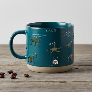 May include: Teal ceramic mug with a beige base, featuring cartoon turtle illustrations and handwritten text. The mug has a large handle and is decorated with the words "ROCKY!!!" and "YAY". Coffee beans are scattered on the wooden surface.