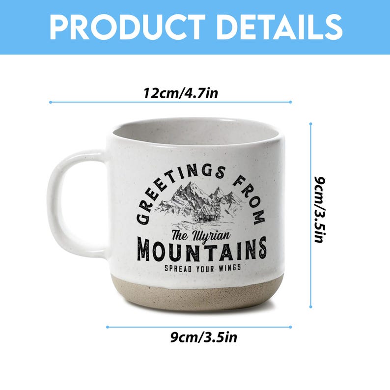 May include: White ceramic mug with a speckled finish, featuring the text "GREETINGS FROM The Illyrian MOUNTAINS" and a mountain illustration. The mug is 9 cm wide and tall, and 12 cm wide including the handle.