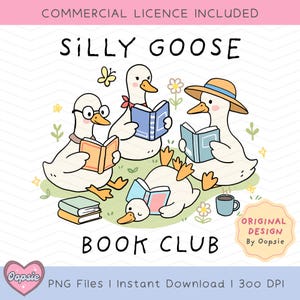 Pode incluir: Quatro gansos de desenho animado usando chapéus e óculos estão sentados em uma área gramada lendo livros. O texto "Silly Goose Book Club" está no topo da imagem.