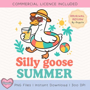 K&ouml;nnte beinhalten: Ein Cartoon-Gans, die eine Sonnenbrille und einen Hut tr&auml;gt, ein Glas Orangensaft mit einem Strohhalm h&auml;lt und auf einem bunten Schwimmring schwimmt. Die Gans geht an einem Strand entlang mit einem Strandball und Palmen im Hintergrund. Der Text "Silly goose SUMMER" steht unter der Gans.