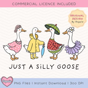 May include: Four cartoon geese dressed in silly outfits. One goose wears a pink polka dot dress, another wears a yellow raincoat, another wears a watermelon costume, and the last goose wears a purple tutu. The text "Just a silly goose" is below the geese.