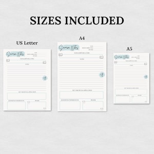 Pode incluir: S&atilde;o apresentados tr&ecirc;s tamanhos de p&aacute;ginas de anota&ccedil;&otilde;es de serm&otilde;es: US Letter, A4 e A5. Cada p&aacute;gina tem um cabe&ccedil;alho com as palavras "Sermon Notes" em uma fonte turquesa. As p&aacute;ginas t&ecirc;m linhas para anota&ccedil;&otilde;es e se&ccedil;&otilde;es para aplica&ccedil;&atilde;o e ora&ccedil;&atilde;o.