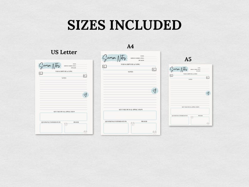 Pode incluir: S&atilde;o apresentados tr&ecirc;s tamanhos de p&aacute;ginas de anota&ccedil;&otilde;es de serm&otilde;es: US Letter, A4 e A5. Cada p&aacute;gina tem um cabe&ccedil;alho com as palavras "Sermon Notes" em uma fonte turquesa. As p&aacute;ginas t&ecirc;m linhas para anota&ccedil;&otilde;es e se&ccedil;&otilde;es para aplica&ccedil;&atilde;o e ora&ccedil;&atilde;o.