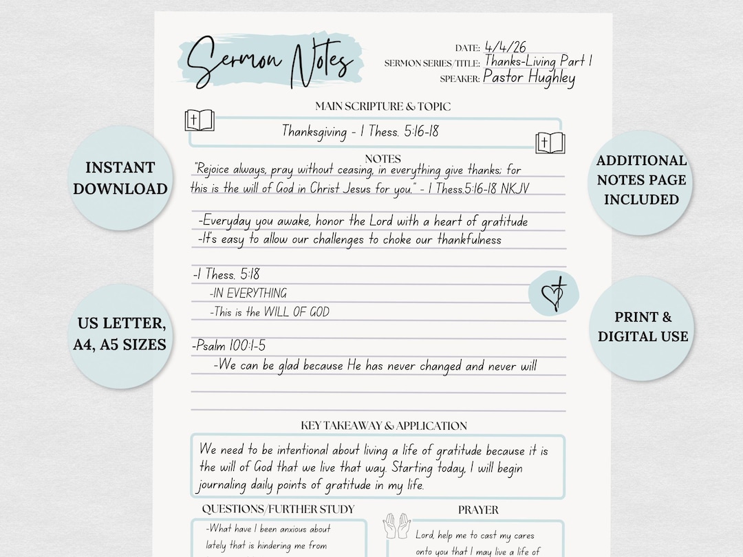 Printable Sermon Notes Template, Digital Church Service Notes for ...