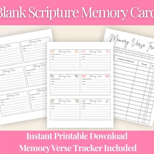 May include: White printable memory verse cards with floral and butterfly accents. The cards have spaces for scripture reference, theme, and notes. A memory verse tracker is also included, with checkboxes for memorization.