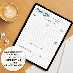 Pode incluir: Um modelo digital de notas de serm&atilde;o em um tablet, com um cabe&ccedil;alho azul claro que diz "Sermon Notes". O tablet est&aacute; em uma superf&iacute;cie de madeira, com uma x&iacute;cara de caf&eacute; e fones de ouvido sem fio. O texto na imagem diz "Compat&iacute;vel com Goodnotes, Noteful, Notability e outros aplicativos de anota&ccedil;&atilde;o."