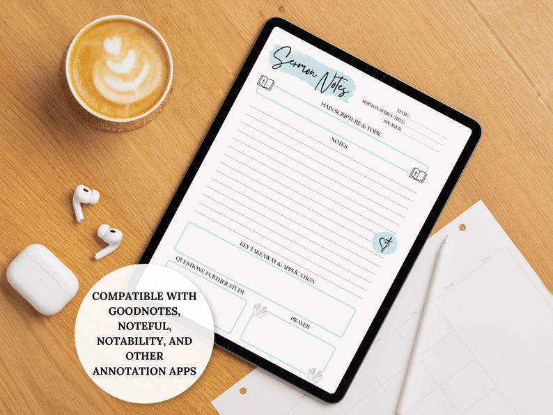 Pode incluir: Um modelo digital de notas de serm&atilde;o em um tablet, com um cabe&ccedil;alho azul claro que diz "Sermon Notes". O tablet est&aacute; em uma superf&iacute;cie de madeira, com uma x&iacute;cara de caf&eacute; e fones de ouvido sem fio. O texto na imagem diz "Compat&iacute;vel com Goodnotes, Noteful, Notability e outros aplicativos de anota&ccedil;&atilde;o."