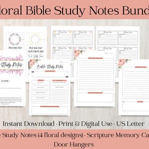 Può includere: Un pacchetto di note di studio biblico a tema floreale, schede di memoria delle Scritture e appendini per porte. Le pagine presentano disegni floreali in rosa e viola, con il testo "Bible Study Notes" e "Please Do Not Disturb". Il pacchetto è per il download e la stampa immediati, formato US Letter.