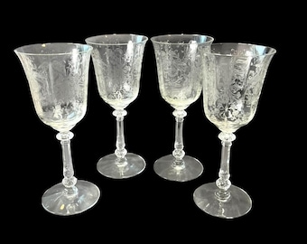 Vintage Heisey Orchid Etched Crystal Stemware Set of 4 Elegant Wine Glasses
