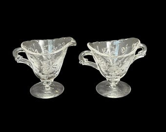 Vintage Heisey Orchid Etched Crystal Demitasse Cream & Sugar Set Elegant Glass Miniature Tea Service