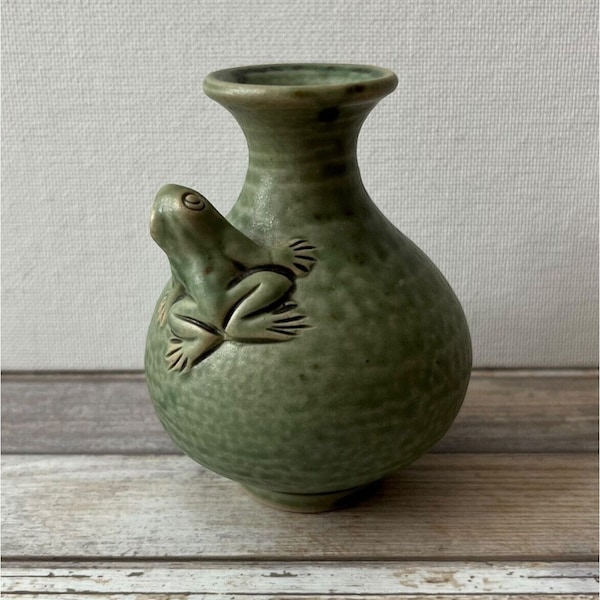 Vintage Signed Small Ceramic Bud Vase with 3D Frog Olive Green 3.25"