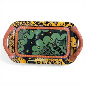 Vintage Ginger Steele Insomnia Art Pottery Tray, Hand-Painted Memphis Style Platter Portland OR Artist