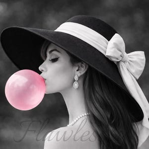 May include: Black and white image of a woman wearing a large black hat with a white ribbon and bow. She is blowing a large pink bubble. She is also wearing pearl jewelry and a black dress. The image has the words "Flawles Vintage" in the background.