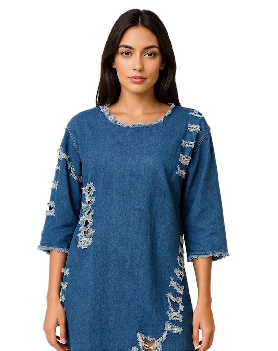 blue jean distressed dress L-XL Hand-distressed Denim | Stretchy Fabric | Unique Vintage Look | Created by Helene | Casual or Boho Style baring silhouette Frayed seam