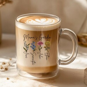 Mama&#39;s Garden Glass Mug, Mother&#39;s Day Gift, Birth Flower Bouquet Tea Coffee Cup, Gift for Her, Family Floral Glass Cup, Birth Month Flower