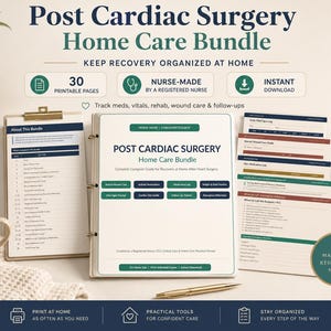 Op de afbeelding: Een thuiszorgbundel na hartoperaties met 30 printbare pagina's voor het bijhouden van medicatie, vitale functies en wondzorg. De set bevat een map, checklists en logboeken met donkerblauwe en groene tekst op wit papier voor herstel.