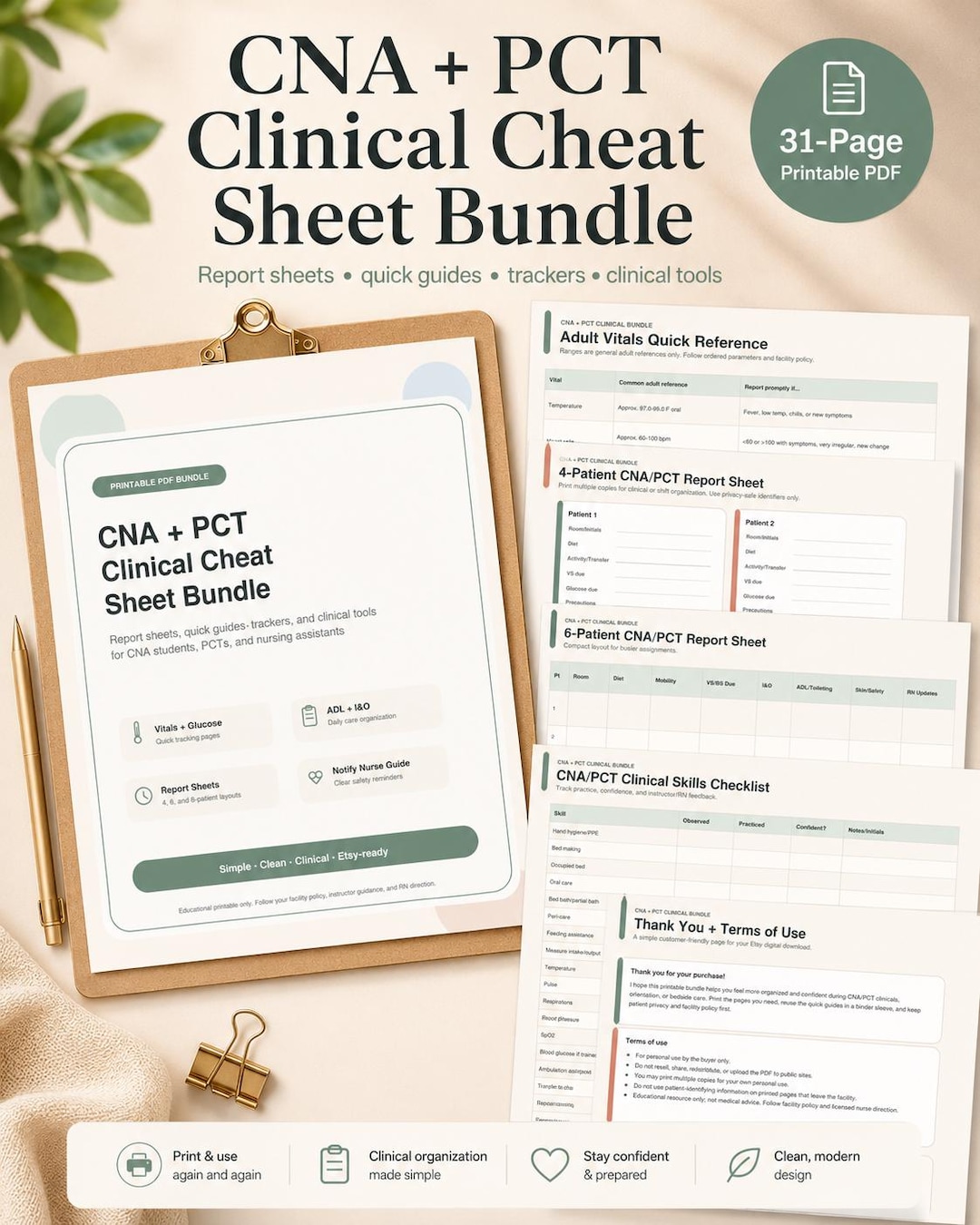 CNA Clinical Cheat Sheet Bundle | Nurse Aide Brain Sheet Vitals & ADL ...
