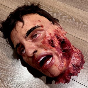 May include: A realistic severed head prop featuring dark brown hair, pale skin with detailed blood-red gore, and deep lacerations on the left cheek and neck. The eyes are partially open, and the mouth is slightly agape, revealing teeth and dark interior.