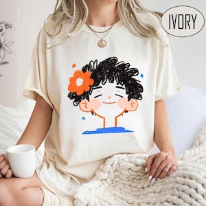 Camiseta estética de chica – Camiseta artística con cara de caricatura – Camiseta con estampado de flores en tonos pastel – Regalo informal y suave para mujeres y adolescentes