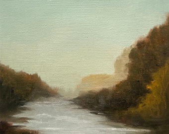 May include: A framed painting of a river flowing through a forest. The sky is a light blue and the trees are a dark green. The river is a light blue and white.