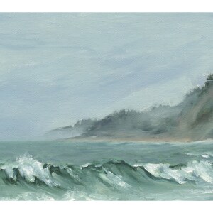 May include: A painting of a seascape with a rocky coastline and crashing waves. The sky is a light blue and the water is a deep green. The painting is done in a realistic style.