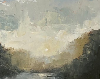 May include: Abstract landscape painting with a muted color palette of blues, greens, and browns. The painting depicts a river flowing through a valley with a hazy sky above.