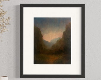May include: A framed painting of a landscape with a dark green forest in the foreground and a hazy pink sky in the background.