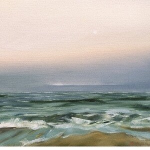 May include: A painting of a seascape with a light blue sky and a green ocean. The waves are crashing on the shore, and the sand is a light brown color.