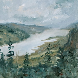 May include: A painting of a river winding through a valley with a cloudy sky. The river is light blue and the valley is green. There are trees in the foreground.