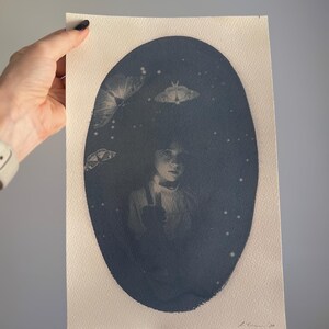 Halloween Victorian Child with Candle and Moth Decor - Original Cyanotype - Spooky Haunting Wall Art - Printmaking - Dark Academia