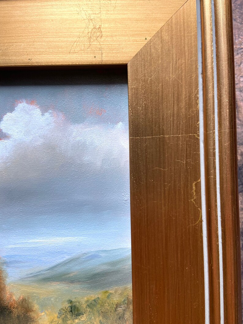 May include: A close-up of the edge of a gold-colored picture frame with a white inner border. The frame is made of wood and has a textured surface.