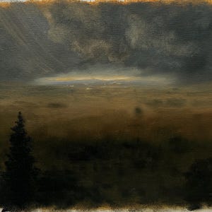 May include: An oil painting on canvas depicting a dark, moody landscape under a stormy sky. A single tall, dark evergreen tree stands in the foreground on the left. The horizon features a glowing, hazy band of light amidst deep brown and gray tones.