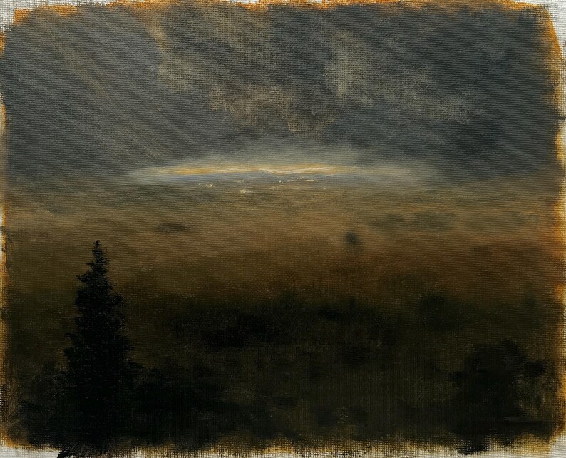 May include: An oil painting on canvas depicting a dark, moody landscape under a stormy sky. A single tall, dark evergreen tree stands in the foreground on the left. The horizon features a glowing, hazy band of light amidst deep brown and gray tones.