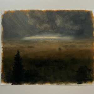 May include: An oil painting on canvas depicting a dark, moody landscape under a stormy sky. A single tall, dark evergreen tree stands in the foreground against a vast, hazy field. The horizon glows with a faint, golden light beneath heavy clouds.