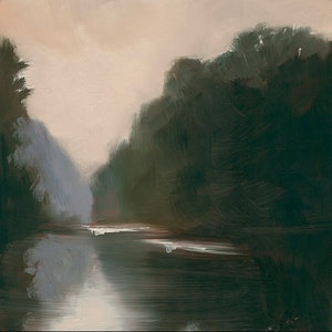 Landscape Oil Painting Fine Art Print, Muted Moody Lake Landscape Painting Print - 8x8, 10x10, 12x12 Wall Art - Modern Home Decor
