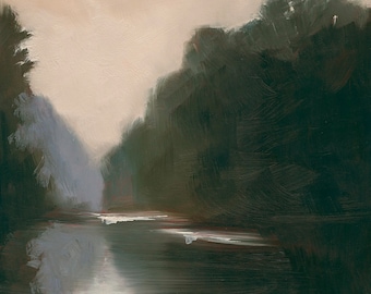 Landscape Oil Painting Fine Art Print, Muted Moody Lake Landscape Painting Print - 8x8, 10x10, 12x12 Wall Art - Modern Home Decor