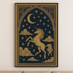 Medieval Tapestry Celestial Unicorn Wall Art, Large Wall Tapestry, Cottagecore Home Decor, Whimsigoth Gothic Medieval Dark Academia Decor