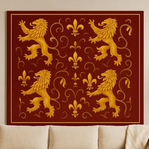 Medieval Tapestry, Gothic Medieval Wall Art, Whimsigoth Decor, Dark Academia, Heraldic Lion, Cottagecore Home Decor