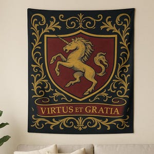 Medieval Tapestry Heraldic Unicorn Tapestry, Large Wall Tapestry, Cottagecore Home Decor, Whimsigoth Gothic Medieval Dark Academia Decor