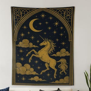 Medieval Tapestry Celestial Unicorn Tapestry, Large Wall Tapestry, Cottagecore Home Decor, Whimsigoth Gothic Medieval Dark Academia Decor