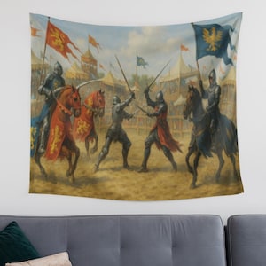 Medieval Tapestry, Large Wall Tapestry of Knights Jousting, Sword Fighting, and Festival Banners
