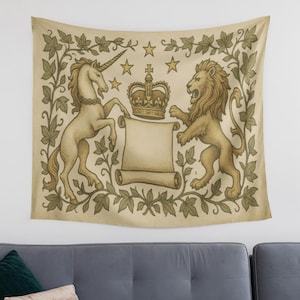 Medieval Tapestry, Large Wall Tapestry with Unicorn and Lion Crest, Royal Scroll and Crown Design