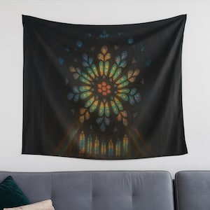 Medieval Tapestry, Illuminated Gothic Rose Window with Radiant Stained Glass Light Beams