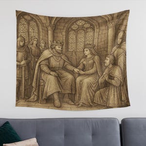 Medieval Royal Court Tapestry - King, Queen, Knights, Courtiers in Grand Stone Hall with Stained Glass