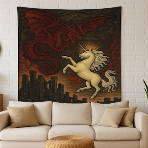 Medieval Tapestry, Large Wall Tapestry with Unicorn and Dragon, Cottagecore Wall Art, Whimsigoth Decor, Gothic Fantasy Art