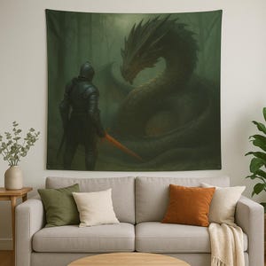 Medieval Tapestry, Large Wall Tapestry with Knight and Dragon, Cottagecore Decor, Whimsigoth Wall Art, Forest Tapestry