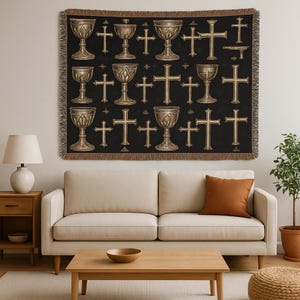 Medieval Tapestry, Large Woven Blanket Wall Hanging, Religious Home Decor with Cross and Chalice, Cottagecore Whimsigoth Decor